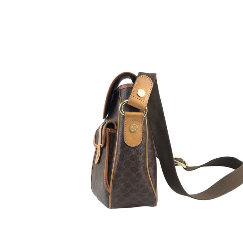 【 日本直送　名牌中古包 】CELINE セリーヌ マカダム ショルダーバッグ ブラウン PVC ダブルポケット vintage ヴィンテージ a3bmb4