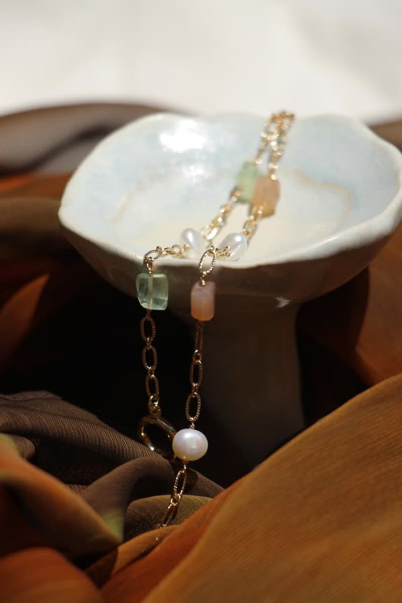 Botanical 夏天的風 葡萄石 蜜桃月光石 珍珠 寬鍊手鍊