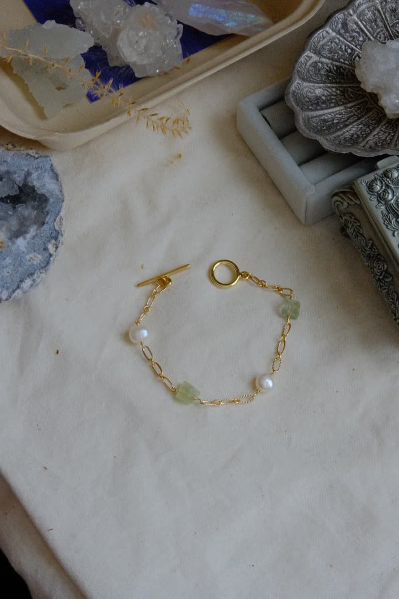 Botanical 夏天的風 葡萄石 蜜桃月光石 珍珠 寬鍊手鍊