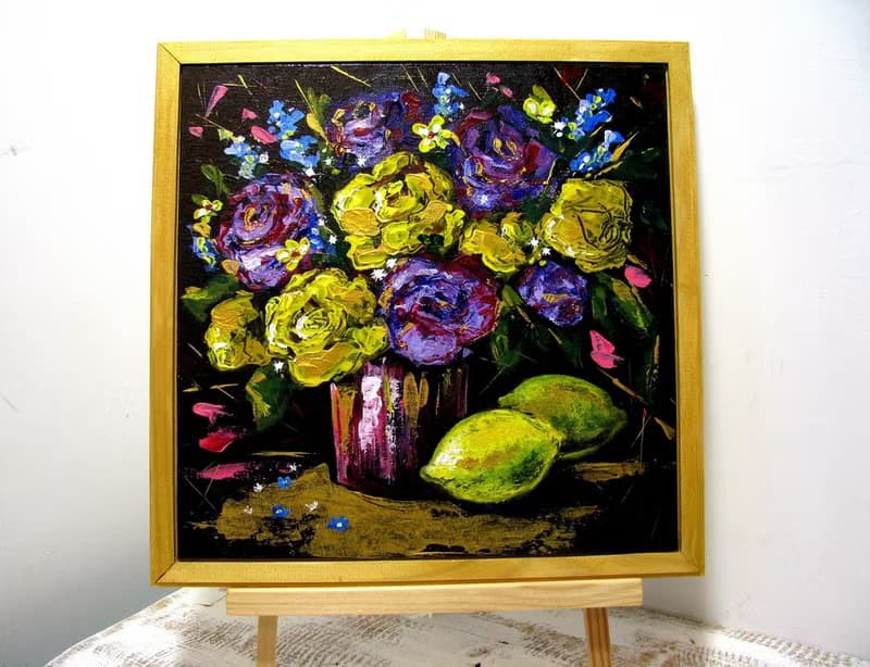 Flower Bouquet and Lemons Acrylic Painting Framed Ready to Gift