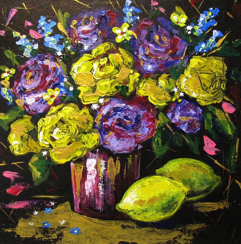Flower Bouquet and Lemons Acrylic Painting Framed Ready to Gift