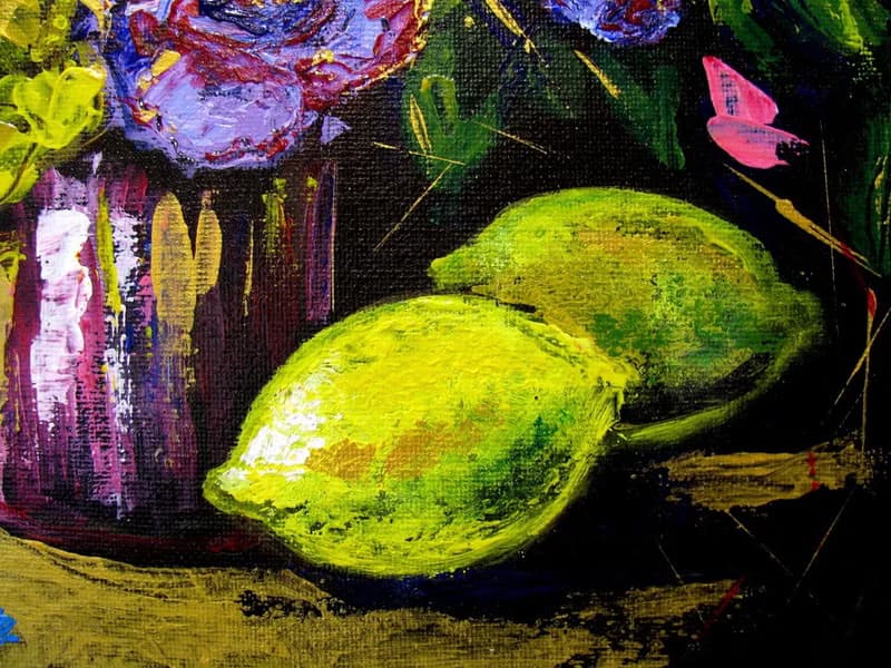 Flower Bouquet and Lemons Acrylic Painting Framed Ready to Gift