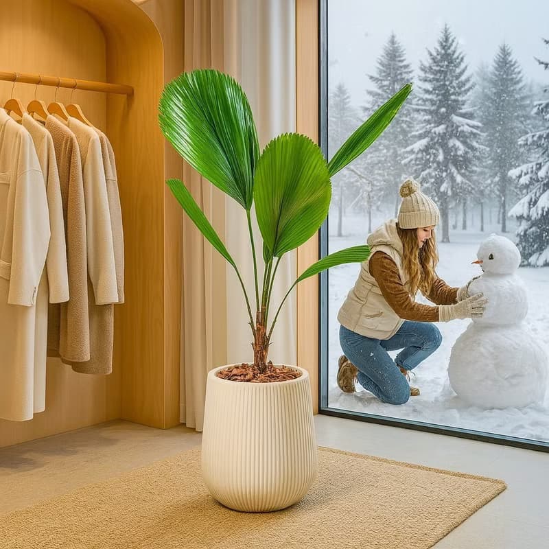 圓扇蒲葵細白條紋水泥盆栽 開幕盆栽推薦