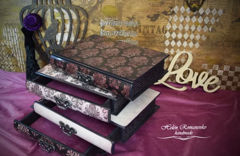 Gift for Her Table Top Wooden Jewelry Box purple Book box pink and black Large
