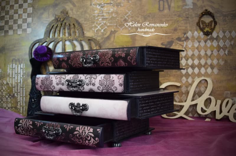 Gift for Her Table Top Wooden Jewelry Box purple Book box pink and black Large