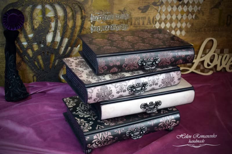 Gift for Her Table Top Wooden Jewelry Box purple Book box pink and black Large