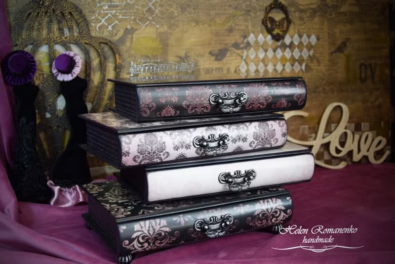 Gift for Her Table Top Wooden Jewelry Box purple Book box pink and black Large
