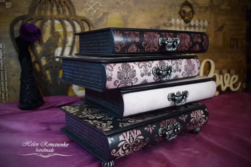 Gift for Her Table Top Wooden Jewelry Box purple Book box pink and black Large