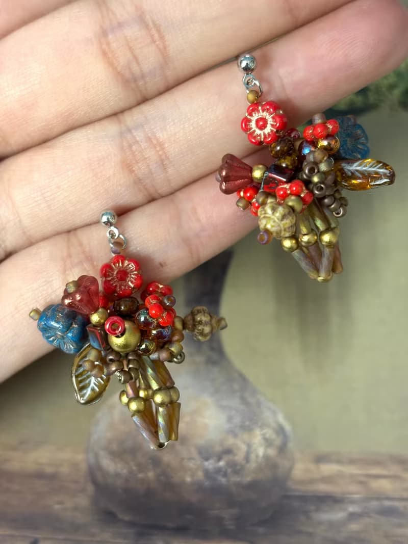 原創設計 迷你花束耳釘 串珠花朵耳環 手作串珠耳飾