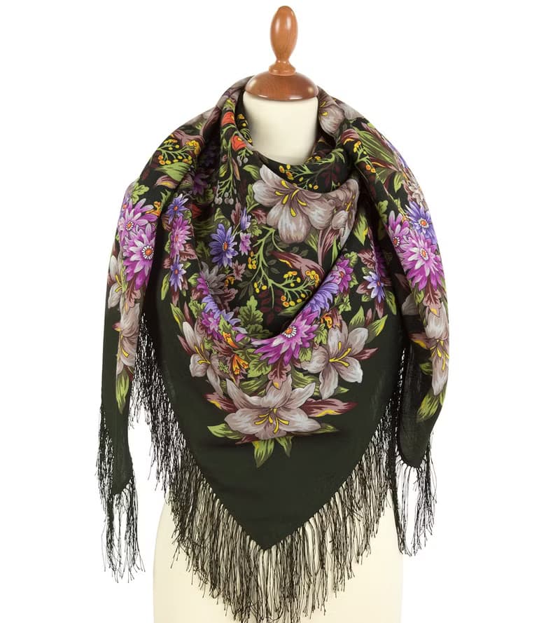 Pavlovo Posad Russian Shawl 100% Wool Scarf 125x125 cm Wrap Silk Fringe 1987-10