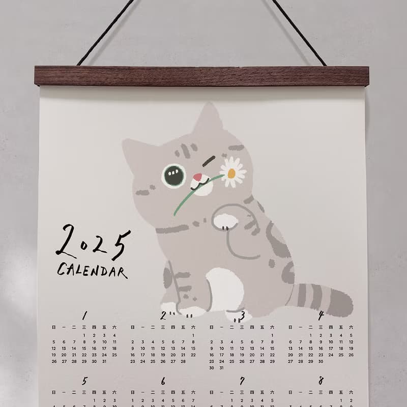 森蕗插畫 2025年曆 灰貓叼花掛曆海報居家佈置店面佈置交換禮物