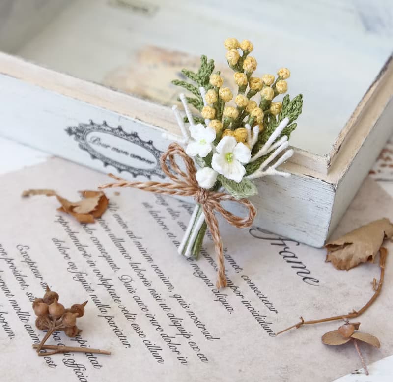 金合歡 含羞草 花束胸針S 天然麻線人手編織 清新生日禮物