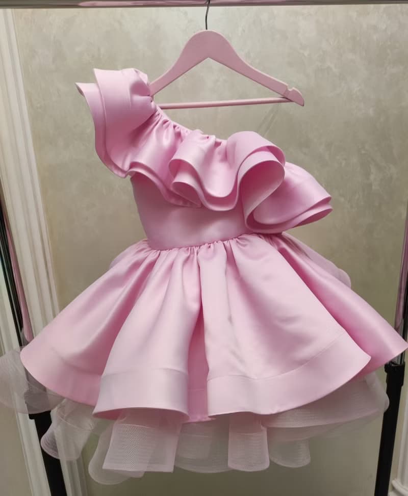 satin flower girl short pink dress for wedding, birthday, concerts