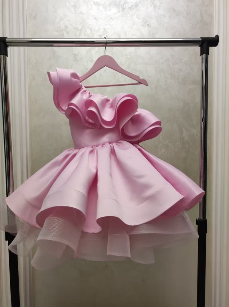 satin flower girl short pink dress for wedding, birthday, concerts