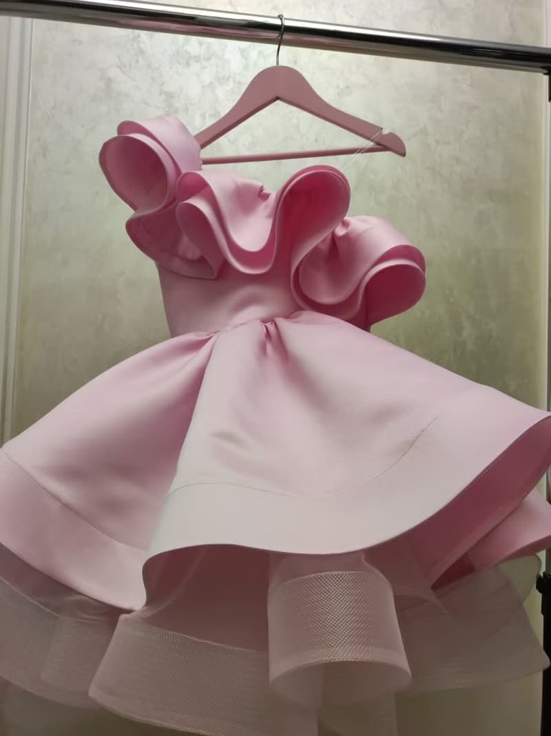 satin flower girl short pink dress for wedding, birthday, concerts