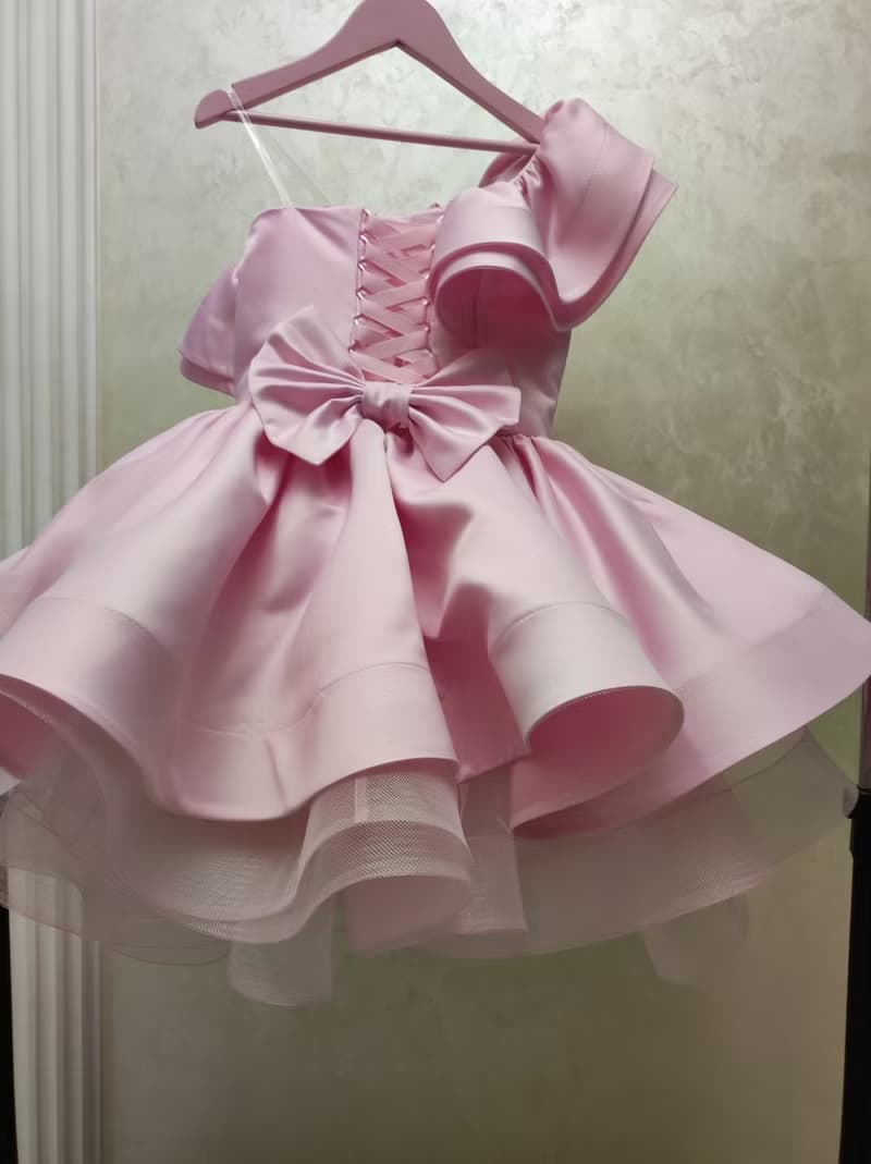 satin flower girl short pink dress for wedding, birthday, concerts