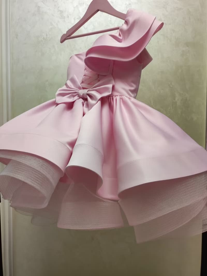 satin flower girl short pink dress for wedding, birthday, concerts