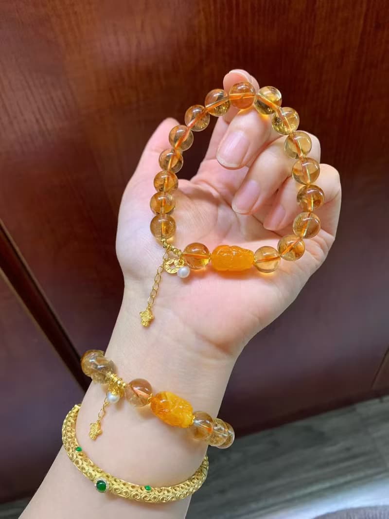 天然暴力黃黃水晶手鏈搭配老蜜蠟招財貔貅手鏈日進斗金招財進寶