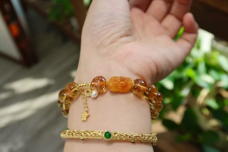 天然暴力黃黃水晶手鏈搭配老蜜蠟招財貔貅手鏈日進斗金招財進寶