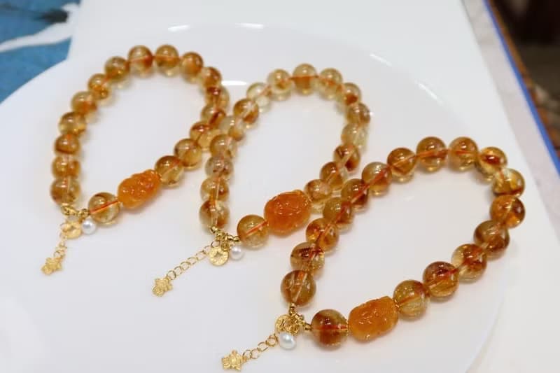 天然暴力黃黃水晶手鏈搭配老蜜蠟招財貔貅手鏈日進斗金招財進寶