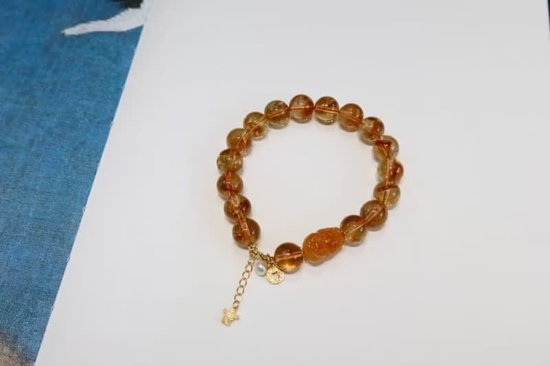 天然暴力黃黃水晶手鏈搭配老蜜蠟招財貔貅手鏈日進斗金招財進寶