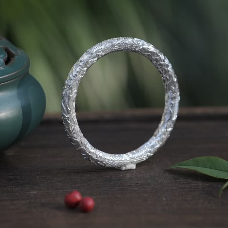 手工陰刻鏤空滿雕花卉純銀手環