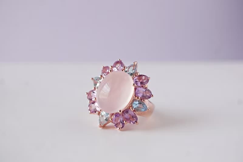 Natural Rosequartz Amethyst andTopaz 30 Cts Ring Sterling Silver 925.