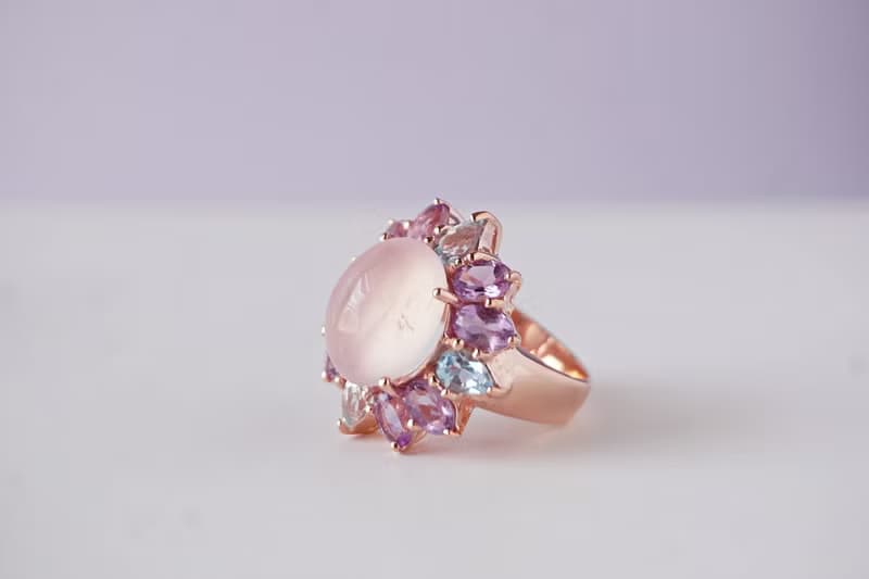 Natural Rosequartz Amethyst andTopaz 30 Cts Ring Sterling Silver 925.