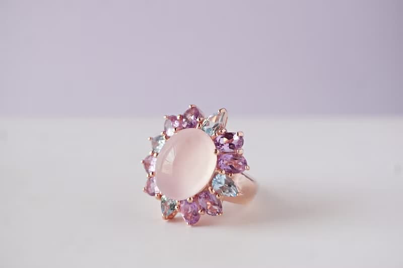 Natural Rosequartz Amethyst andTopaz 30 Cts Ring Sterling Silver 925.