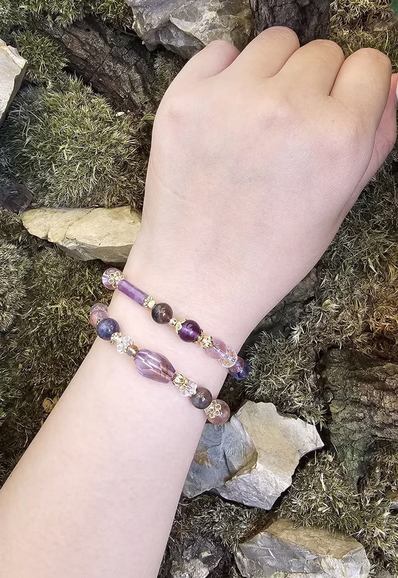 紫耀女神-雙圈水晶手鍊/紫黃晶/血滴堇青石/紫水晶/極光紫鈦/白水