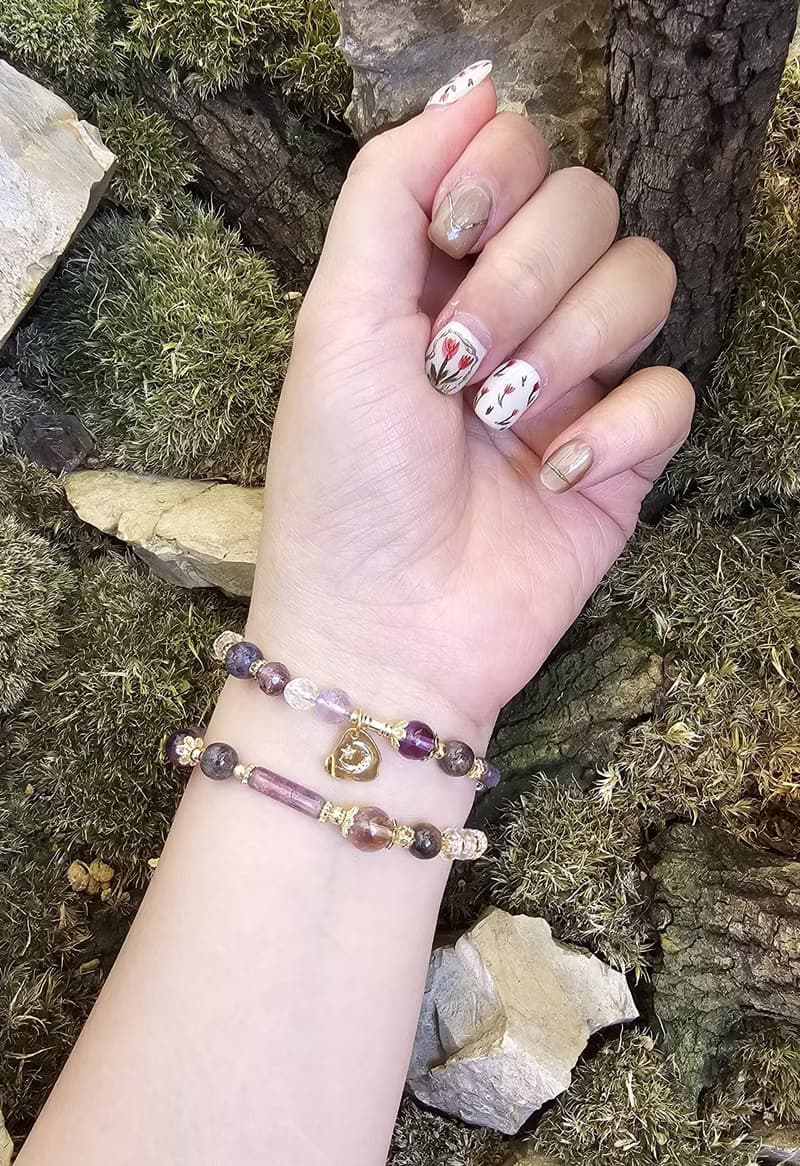 紫耀女神-雙圈水晶手鍊/紫黃晶/血滴堇青石/紫水晶/極光紫鈦/白水