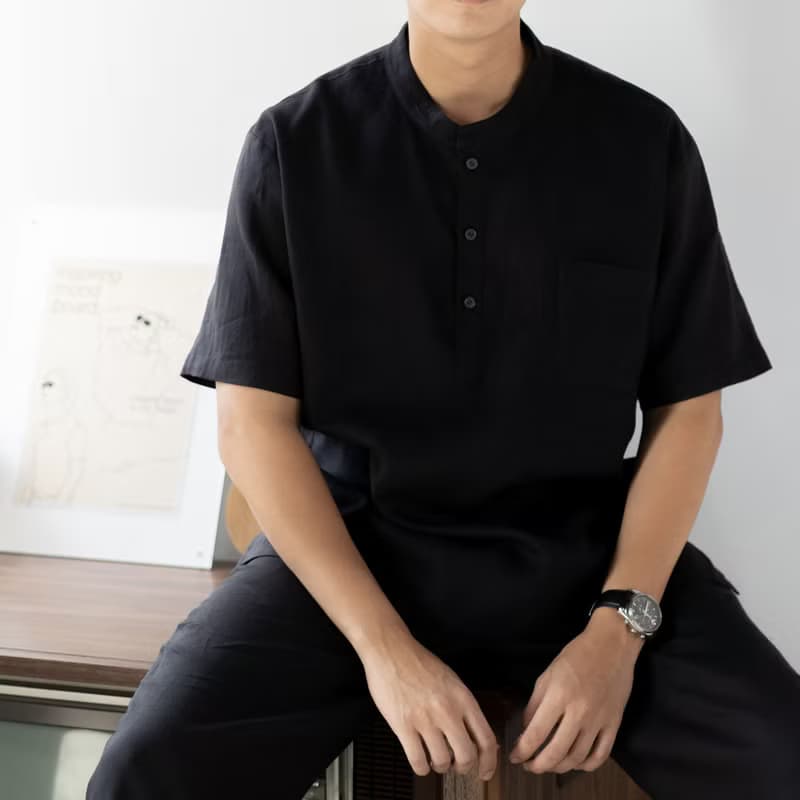 Blue & J Natural Linen Shirt with Short Sleeves and Front Pocket - Black