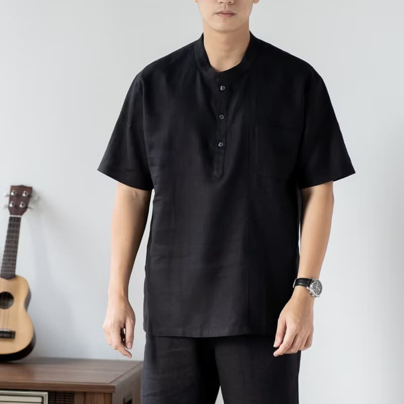 Blue & J Natural Linen Shirt with Short Sleeves and Front Pocket - Black