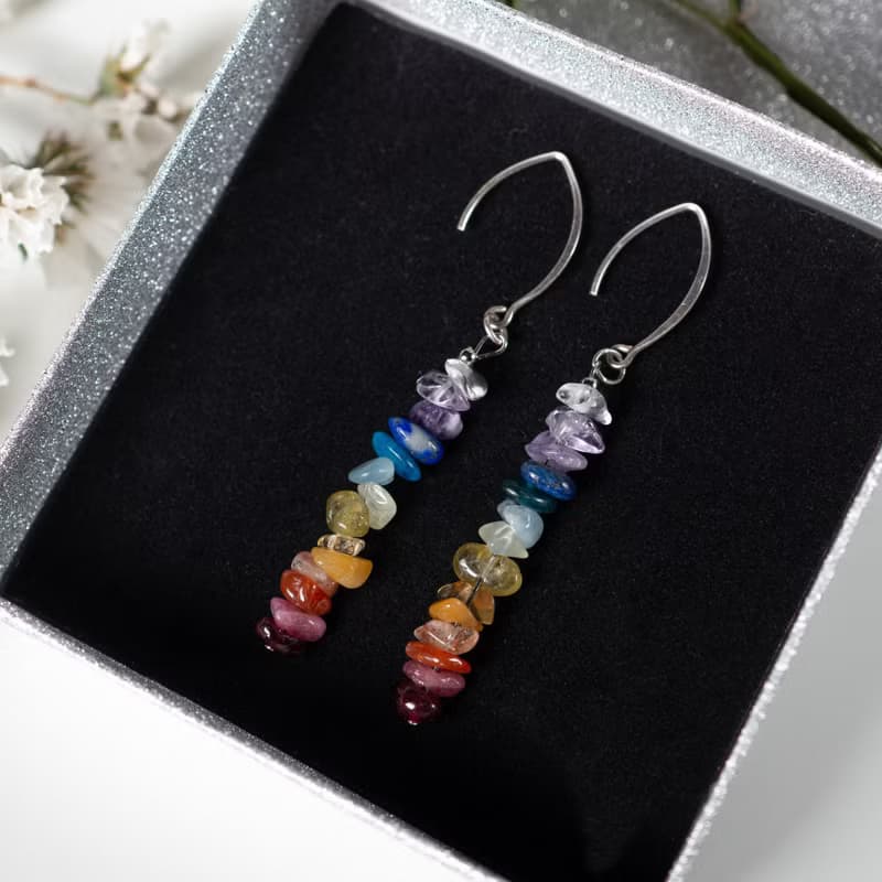 Seven Chakras Crystal Earrings, Rainbow gemstone gift, Yoga Jewelry for Her
