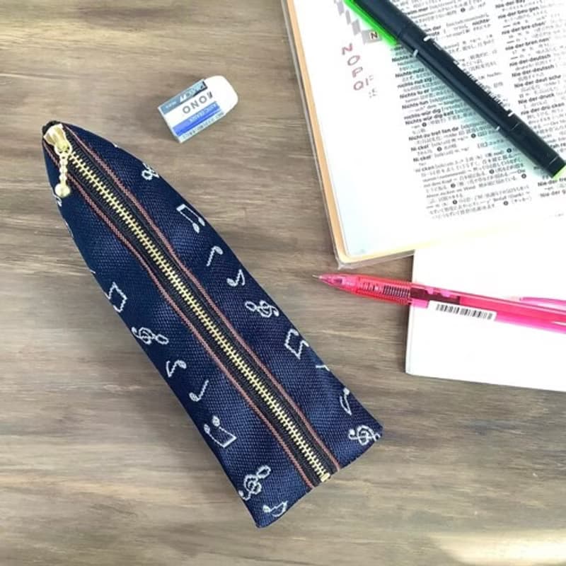 【音符】畳縁　テトラ型　ペンケース　藍色　白　音楽　楽譜