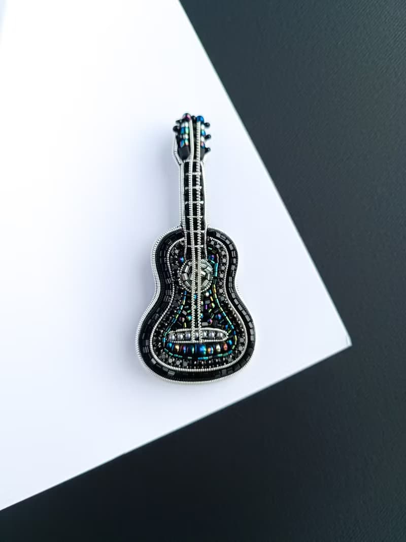 Handmade embroidered black guitar brooch