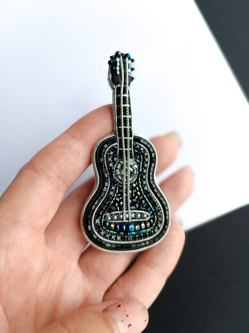 Handmade embroidered black guitar brooch