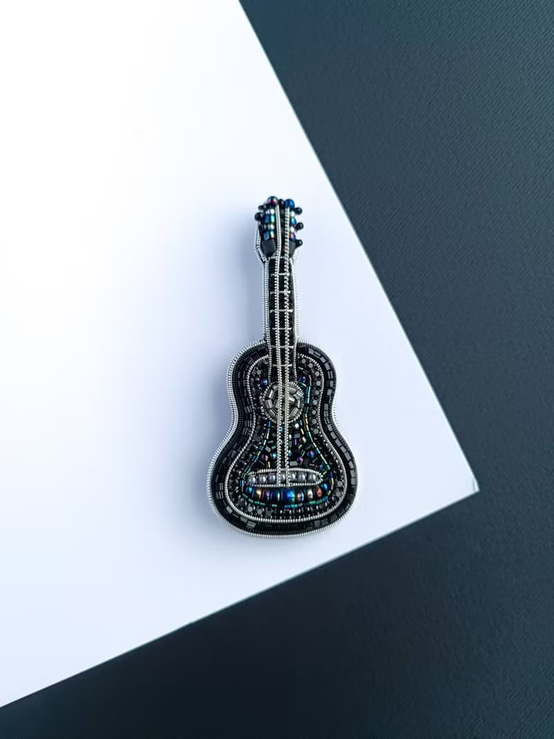 Handmade embroidered black guitar brooch