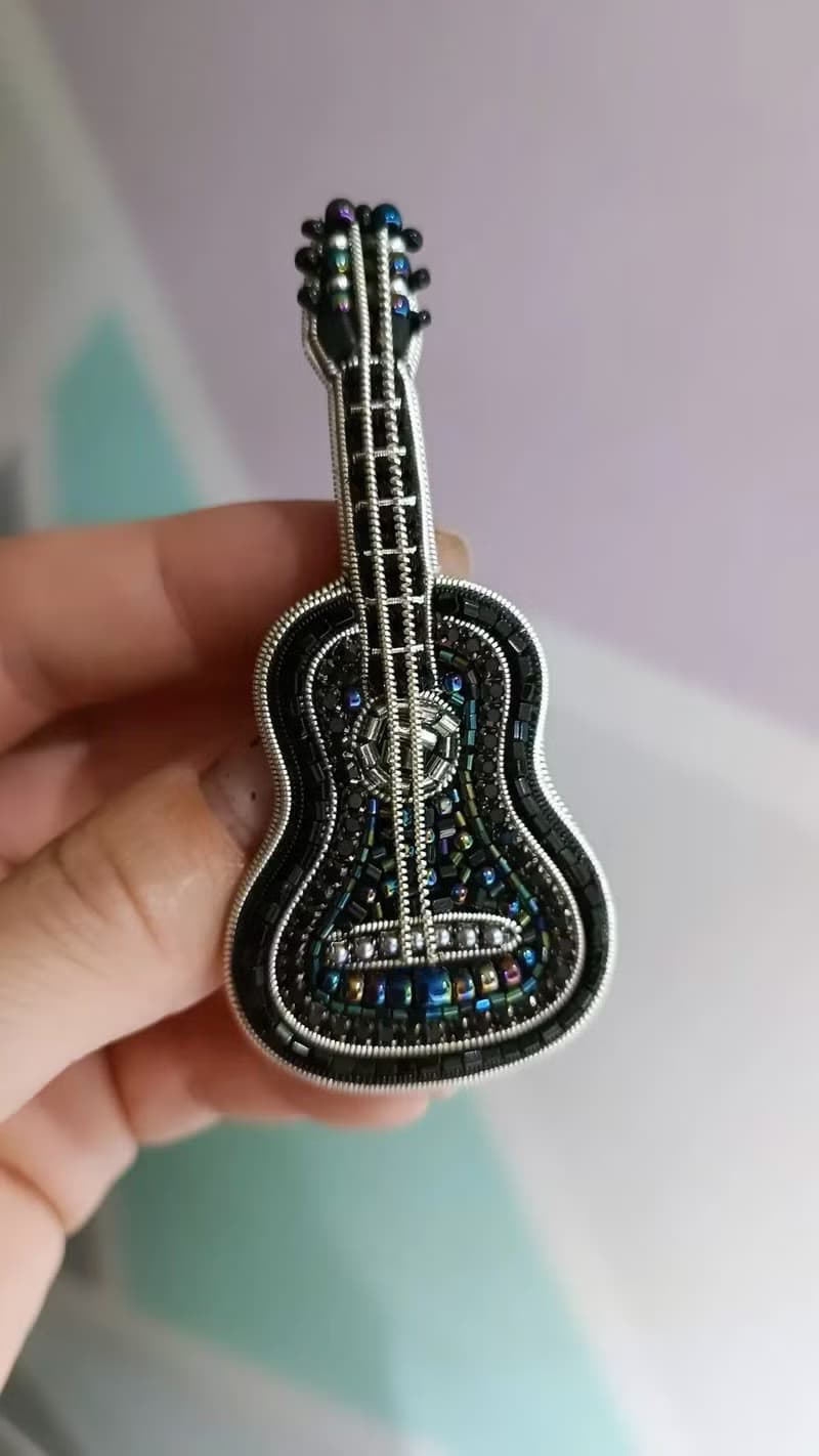 Handmade embroidered black guitar brooch