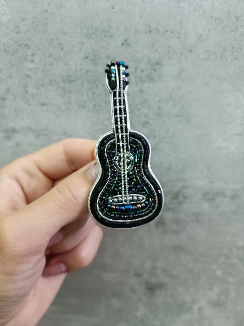 Handmade embroidered black guitar brooch