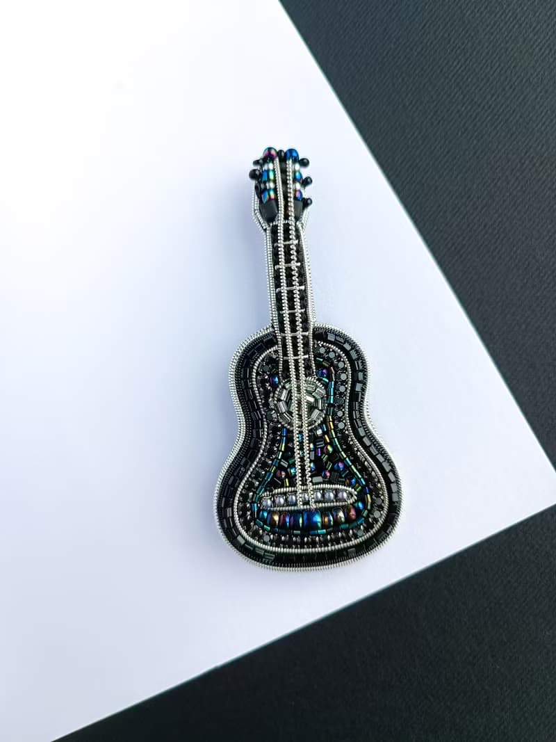 Handmade embroidered black guitar brooch