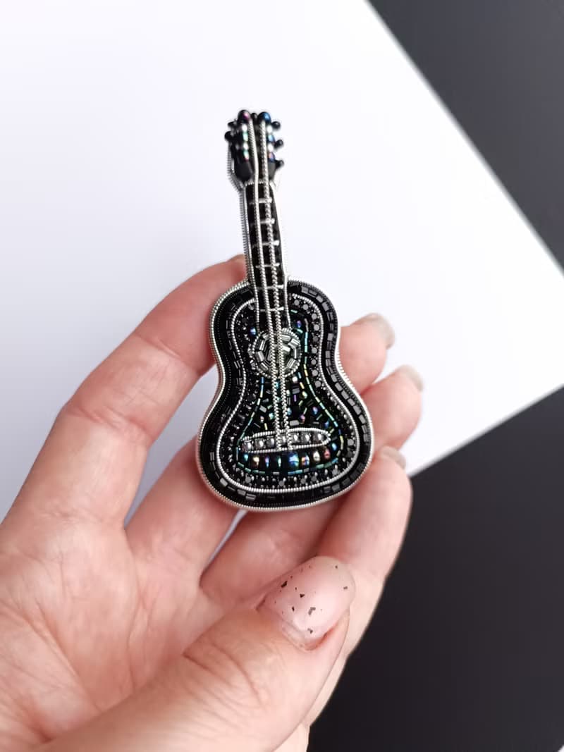 Handmade embroidered black guitar brooch