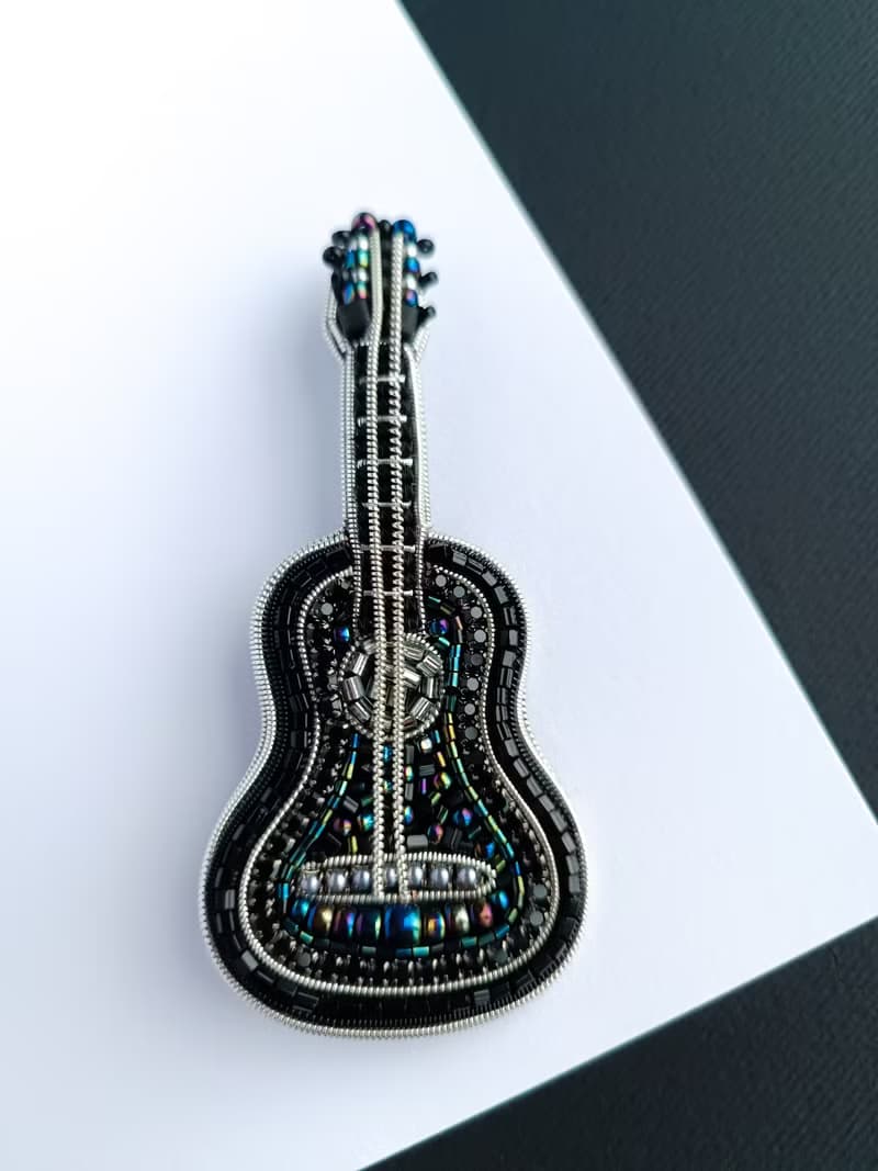 Handmade embroidered black guitar brooch