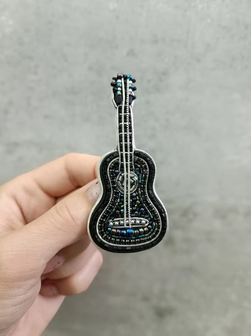 Handmade embroidered black guitar brooch