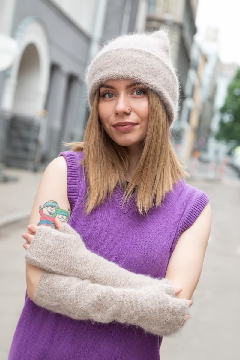 Angora beige fingerless gloves