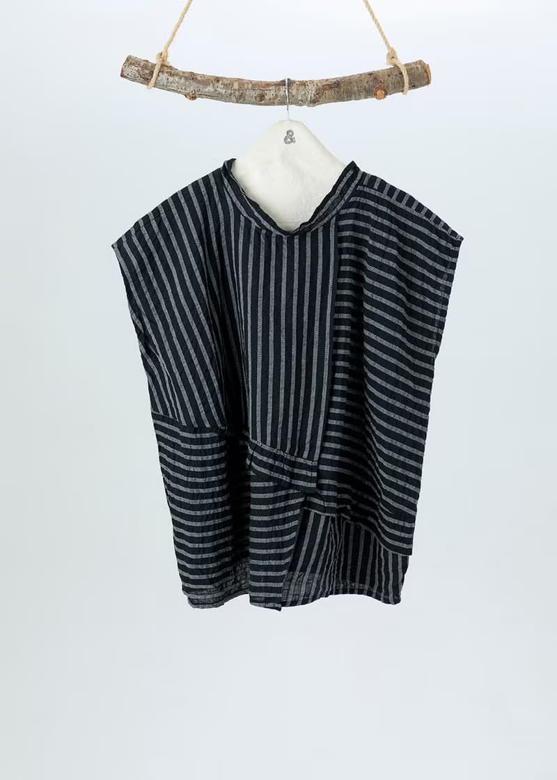 光束棉麻條紋小蓋袖上衣