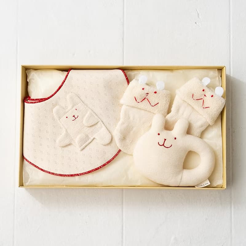 禮物組合 MB 100% 有機棉 圍兜、搖鈴、毛圈襪 3 件組 彌月禮