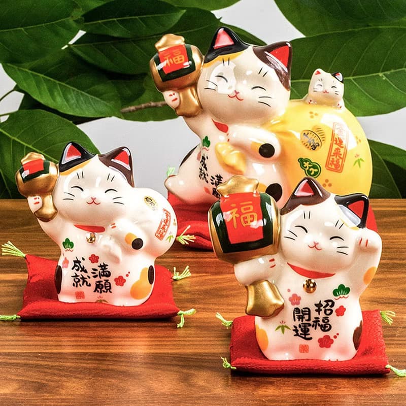 日本藥師窯萬寶福槌招財貓滿願成就陶瓷辦公桌小擺件招福開運禮物
