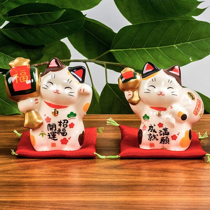 日本藥師窯萬寶福槌招財貓滿願成就陶瓷辦公桌小擺件招福開運禮物
