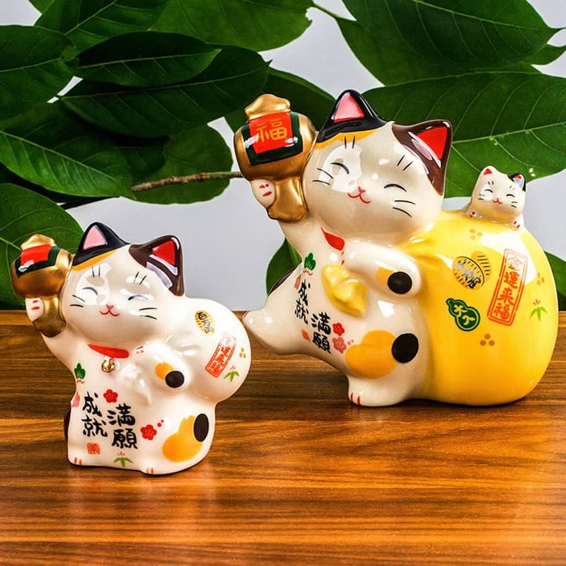 日本藥師窯萬寶福槌招財貓滿願成就陶瓷辦公桌小擺件招福開運禮物